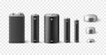 Realistic batteries. Different size and type alkaline batteries mockup, 3d isolated objects, metal and black electric Royalty Free Stock Photo