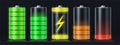 Realistic battery charging empty to full energy level. Glowing smartphone accumulator load icon with lightning. Charge