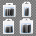 Realistic battery packages. Different sizes and types mockup, electrical li ion alkaline components in transparent