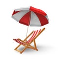 Realistic beach parasol umbrella and chaise longue for vacation. Recliner chair under sunshade awning. 3d summer