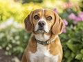 Realistic Beagle Dog Sitting in Sunny Spring Park with Flowers Royalty Free Stock Photo