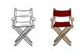 Realistic beautiful chair for cinema producer, director with red tissue elements isolated on white background. Hand drawn vector