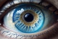 Realistic and beautiful close-up zoom of a human\'s blue eye. AI