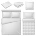 Realistic bedding. Top view bed with white bedding linen, blanket and pillows, soft cotton folded towel, bedroom home