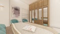 Realistic bedroom with Birchwood furniture 3d rendering