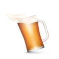 Realistic beer mug with spilling beverage, ale or lager. Light yellow beer and white foam in glass