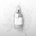 Realistic beige bottle of liquid soap. Flowers peonies background