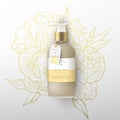 Realistic beige bottle of liquid soap. Flowers peonies background