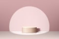 Realistic beige 3D cylinder pedestal podium in pastel pink abstract room with circle spot light. Minimal scene for product display