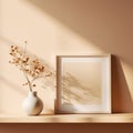 Realistic Beige Frame and Plant Vase on Matte Warm Background