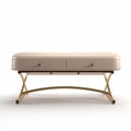 Realistic Beige Ottoman With Brass Legs And Two Drawers