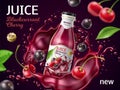 Realistic berries juice poster. Fresh cherry and blackcurrant fruit drink, flying glass bottle with liquid abstract Royalty Free Stock Photo