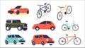 Realistic bicycles and cars. Bikes and vehicles for city ride transport, travel, sport activity