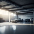 Realistic Big Concrete Factory Hallway Garage Large Windows Sun Shining Futuristic Retro Speed Car Parked Clear Polished Asphalt