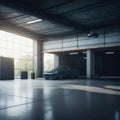 Realistic Big Concrete Factory Hallway Garage Large Windows Sun Shining Futuristic Retro Speed Car Parked Clear Polished Asphalt