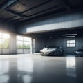 Realistic Big Concrete Factory Hallway Garage Large Windows Sun Shining Futuristic Retro Speed Car Parked Clear Polished Asphalt Royalty Free Stock Photo