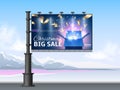 Realistic billboard advertisement design. Christmas discount advertising signboard. Street stand. Banner construction