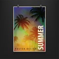Stock vector illustration realistic billboard summer. Palm trees, date palms. Sunset, afterglow, sundown, twilight, sunrise,