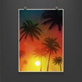 Realistic billboard summer. Palm trees, date palms. Sunset, afterglow, sundown, twilight, sunrise, evening. Art for