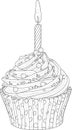Realistic birthday cupcake with candle sketch template. Cartoon graphic vector illustration in black and white