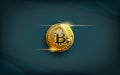 Realistic bitcoin coin, A precious golden crypto currency coin with light reflect icon symbol isolated on dark blue background. Royalty Free Stock Photo