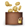 Realistic Bitcoin Wallet Vector. Brown. Cryptography Finance Coin Icons. Digital Currency. Locked With Padlock. Money Royalty Free Stock Photo