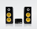 Realistic black acoustic stereo system with yellow speakers. Vector illustration.