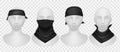 Realistic black bandana. Mannequins mockup with dark kerchief, wearing options buffs, scarves and neck clothes. Modern