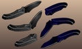 Realistic black and blue folding pocket knives in different positions