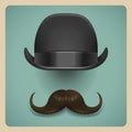 Realistic black bowler hat and brown mustache on retro background.