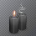 Realistic black candles, Burning candles and extinguished candles on dark background, vector illustration Royalty Free Stock Photo