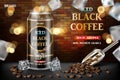 Realistic black canned coffee with beans and ice cubes in 3d illustration. Product coffee drink design with brick