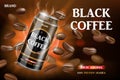 Realistic black canned coffee with beans swirling around. Product coffee drink design with bokeh background. Vector 3d