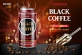 Realistic black canned espresso coffee with beans in 3d illustration. Product coffee drink design with bokeh background