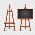 Realistic black chalkboard on wooden easel. Blank blackboard in wooden frame on a tripod. Presentation board, writing