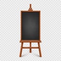 Realistic black chalkboard on wooden easel. Blank blackboard in wooden frame on a tripod. Presentation board, writing