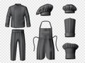 Realistic black chef uniform. Professional blank clothes, cook work wear, restaurant staff apron, trousers and jacket