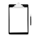 Realistic black clipboard with white empty page and pen isolated on white background. Vector illustration.