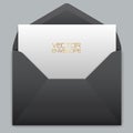 Realistic black envelope with white card inside on grey background vector