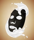 Realistic black facial cosmetic sheet mask and abstract splash