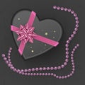 A realistic black gift box with shape of heart decorated with a pink bow, top view. Vector illustration