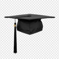 Realistic Black Graduation Cap (Mortarboard), Transparent Background Royalty Free Stock Photo