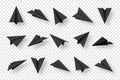 Realistic black handmade paper planes isolated on transparent background. Origami aircraft in flat style. Vector