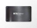 Realistic black metal banners collection. Brushed steel or aluminium plate, panel with screws. Polished metal surface Royalty Free Stock Photo