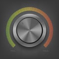Realistic black metal control panel tumbler. Music audio sound volume knob button minimum maximum level. Rotate switch interface.
