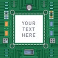 Computer IC chip template microchip on detailed printed circuit board design abstract background vector illustration.