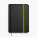 Realistic black notebook with green elastic band. Top view diary template. Closed diary. Vector notepad mockup.