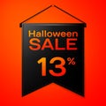 Realistic Black pennant with inscription Halloween Sale Thirteen percent for discount on red background. Colorful