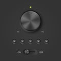 Realistic Black Plastic Panel Media Audio Player with Knob, Control, Buttons, Set. Design Template of Circular