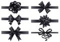 Realistic black ribbons with bows. Dark festive wrapping bow, holiday gift ribbon decoration 3d realistic illustration vector set Royalty Free Stock Photo